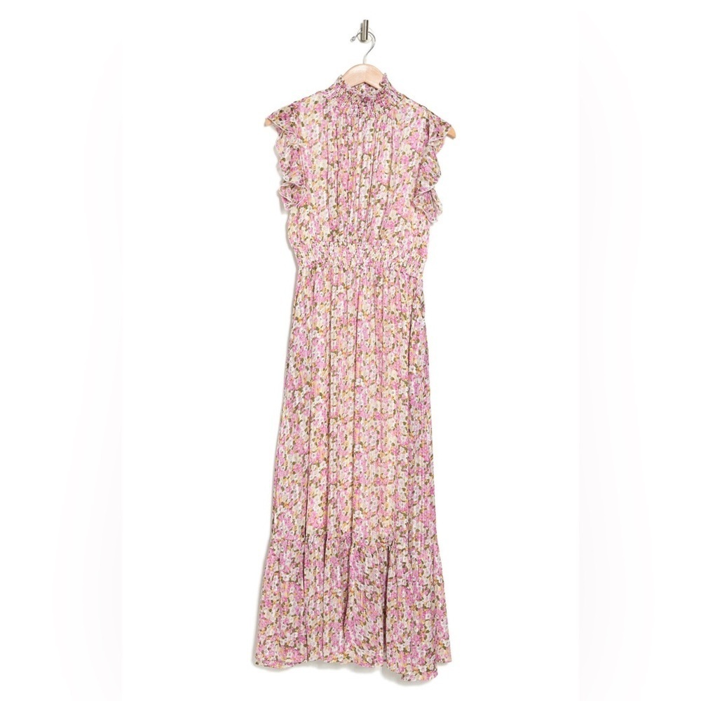 Melloday Floral Pink Ruffle Tiered Maxi Dress Smocked Victorian Coquette Ditsy L - Picture 3 of 9